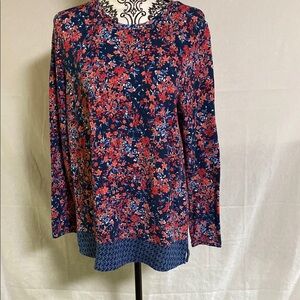 J. Jill Blue and Red Long Sleeve Blouse Rayon and Cotton Blend GUC Medium